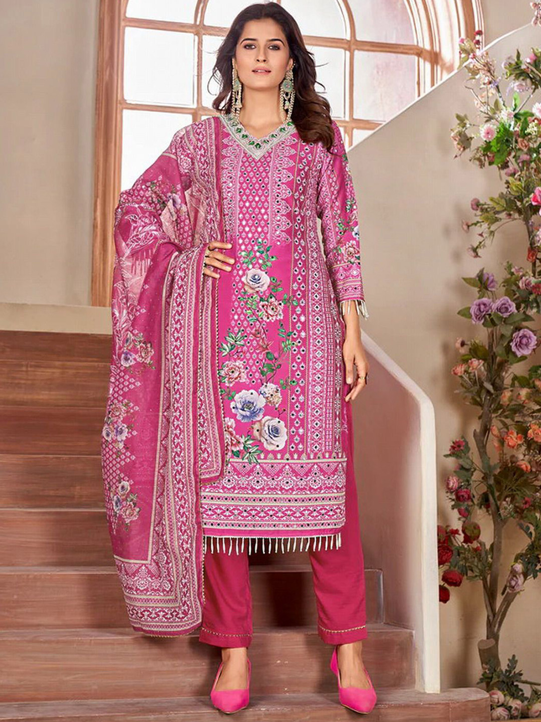 Meher Impex Floral Printed Mirror Work Chanderi Cotton Kurta With Palazzos & Dupatta