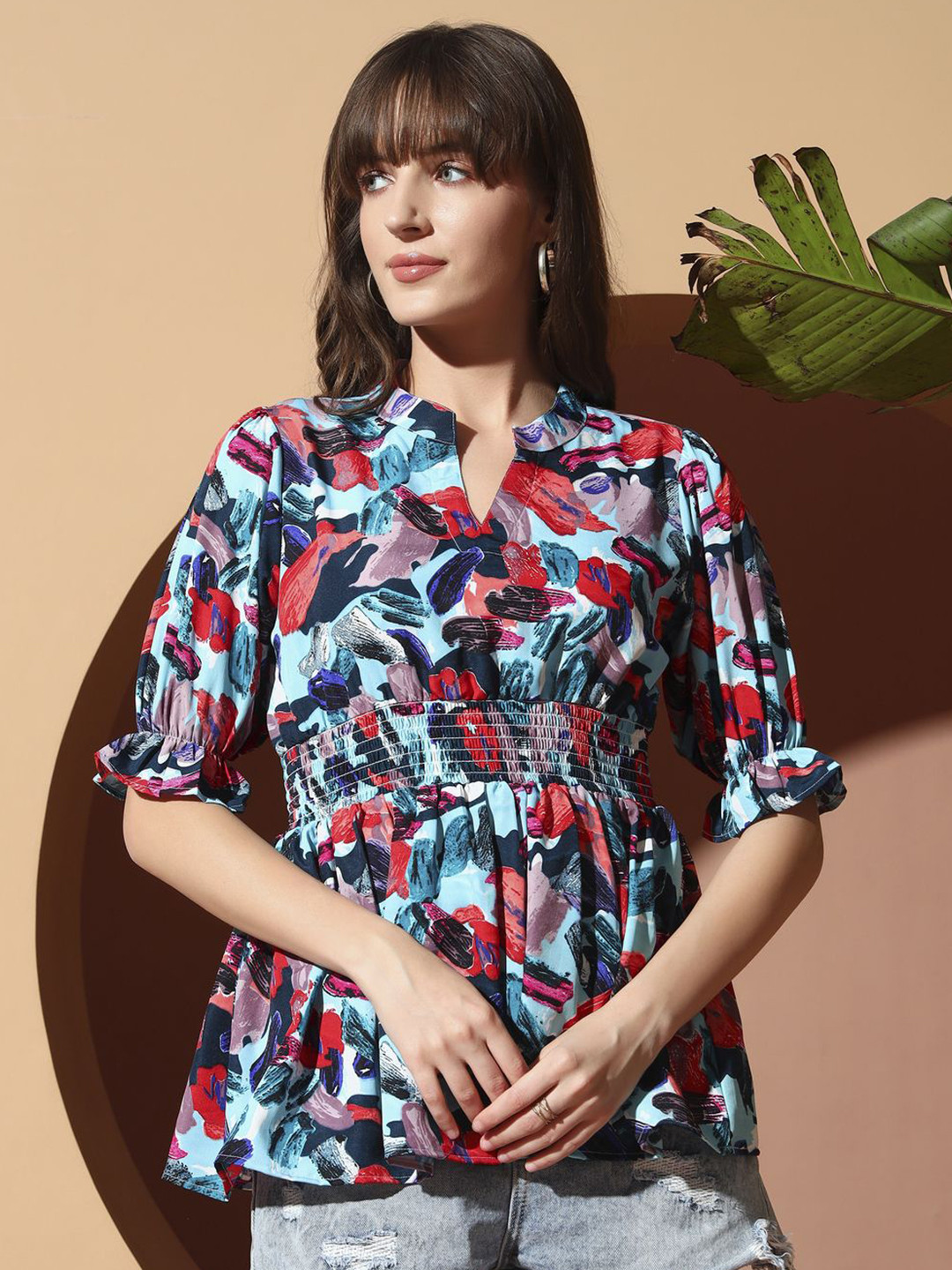 OTABU Women Abstract Printed Mandarin Collar Puff Sleeve Smocked Peplum Top