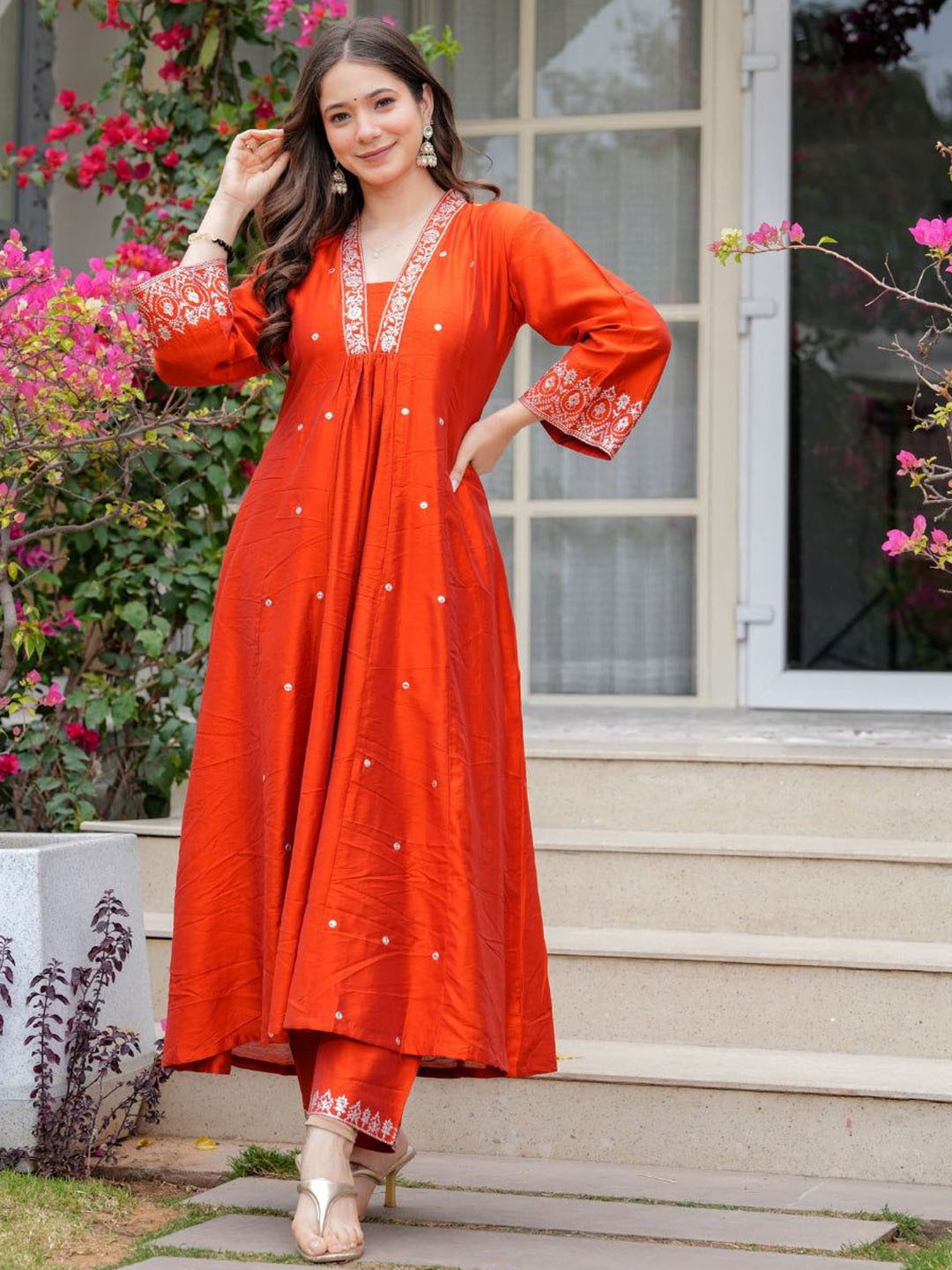 Pantos Embroidered U-Neck Anarkali Kurta With Trousers And Dupatta
