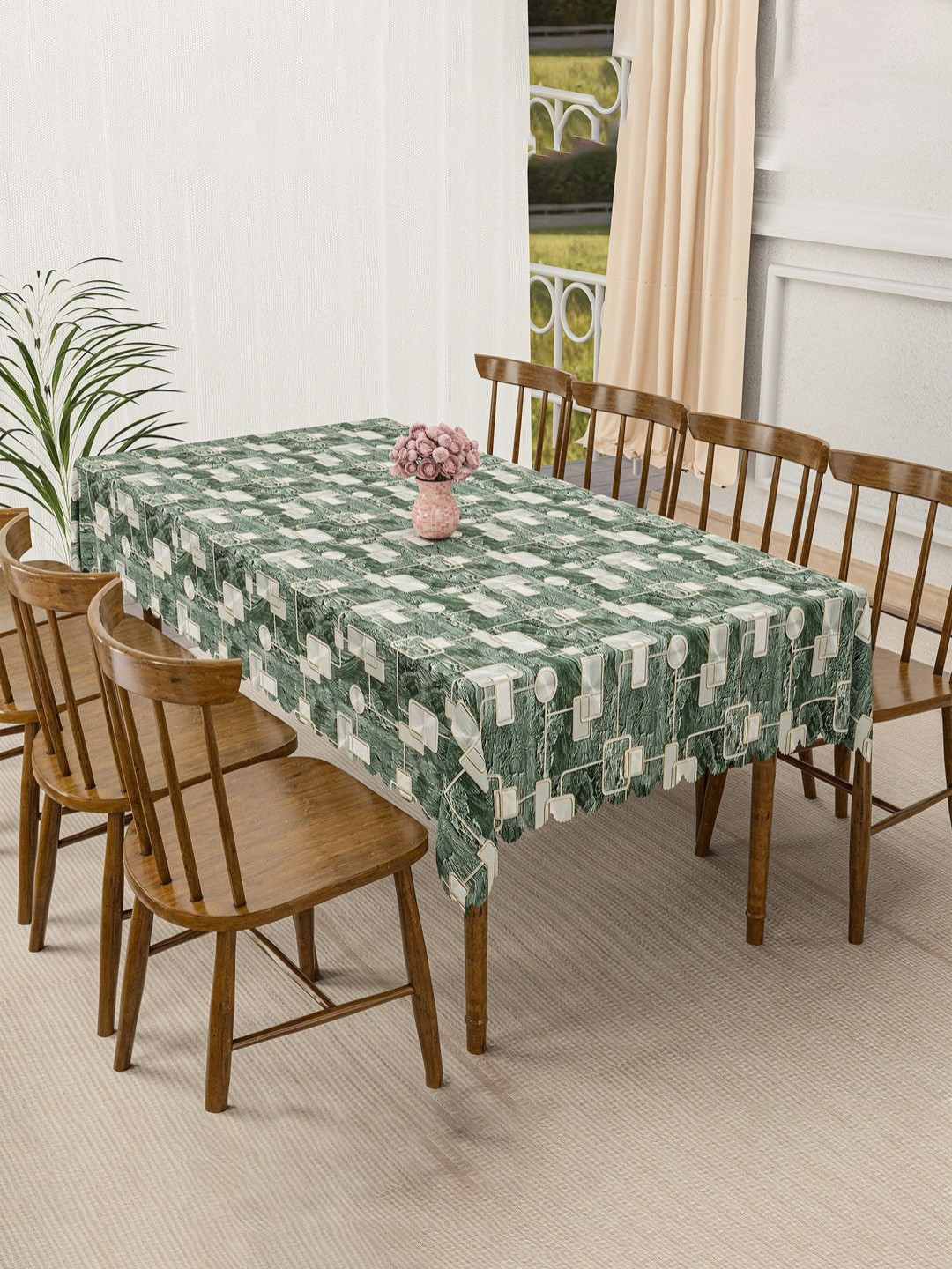 Aura Grey & Green Check Circle Waterproof 6-Seater Table Cover