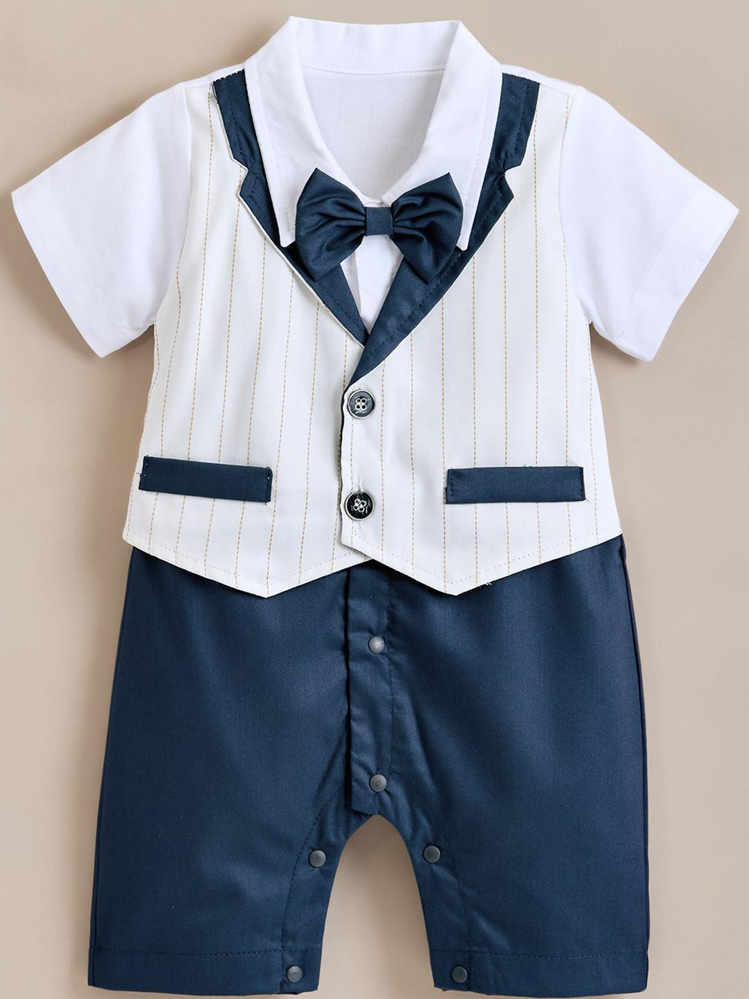 Hopscotch Boys Off White Bow Applique Striped Romper