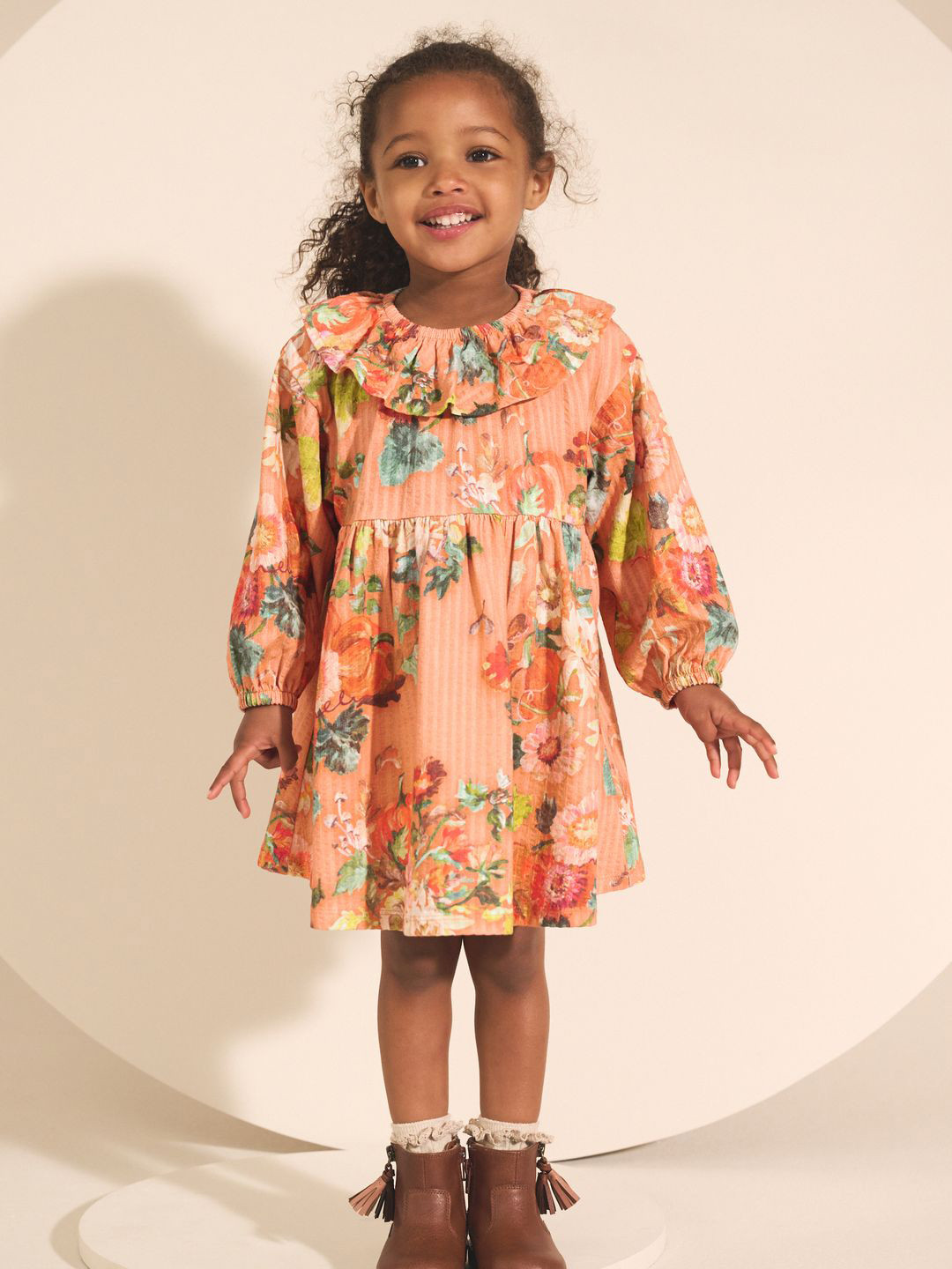 NEXT Teen Girls Floral Print Puff Sleeve Ruffled A-Line Pure Cotton Dress