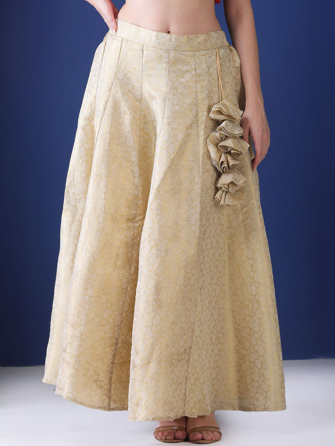 Frolic Rolic Floral Self Design Jacquard Silk Flared Maxi Skirt