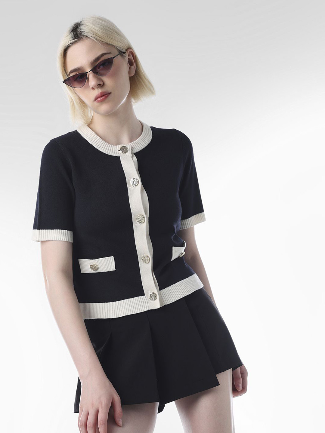 ONLY Colourblocked Round Neck Short Sleeves Cardigan