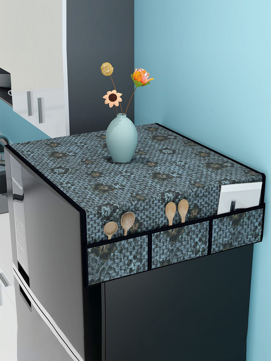 Kuber Industries Grey & Black Printed Anti-Dust Fridge Top Cover