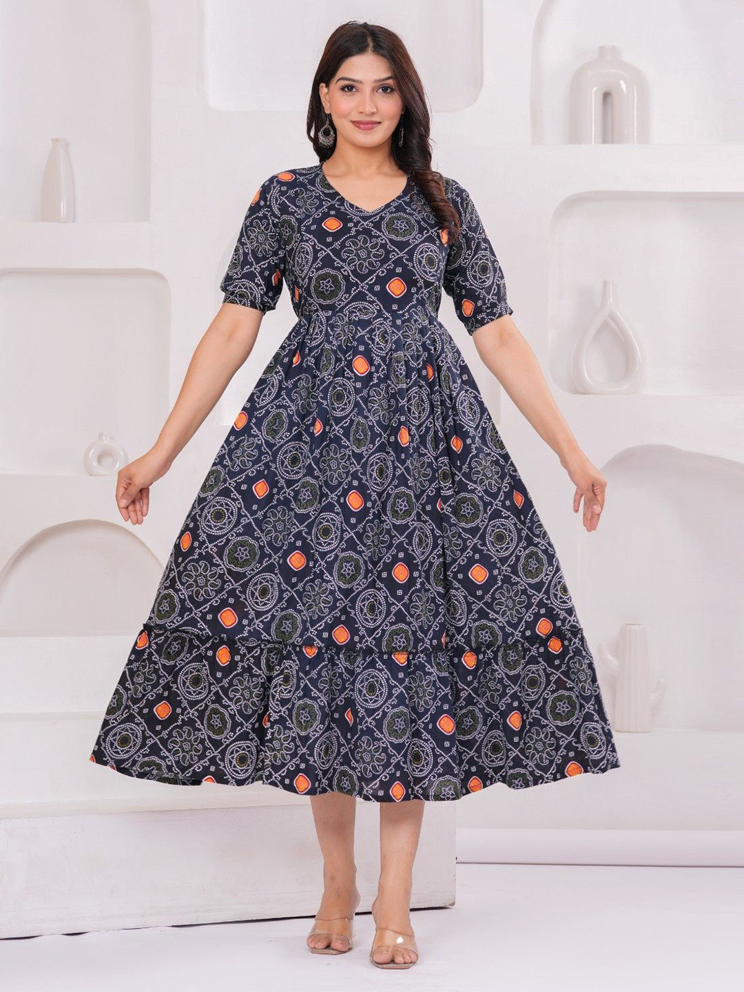 FEMARY Print Puff Sleeve Maternity Dress
