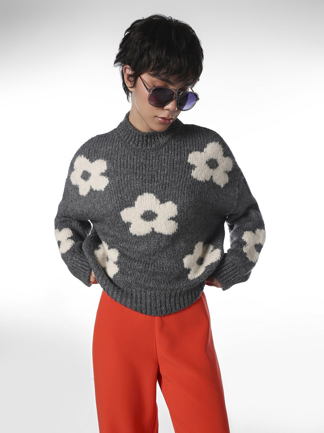 ONLY Jdykilian Flower Floral Self Design Pullover With Fuzzy Detail