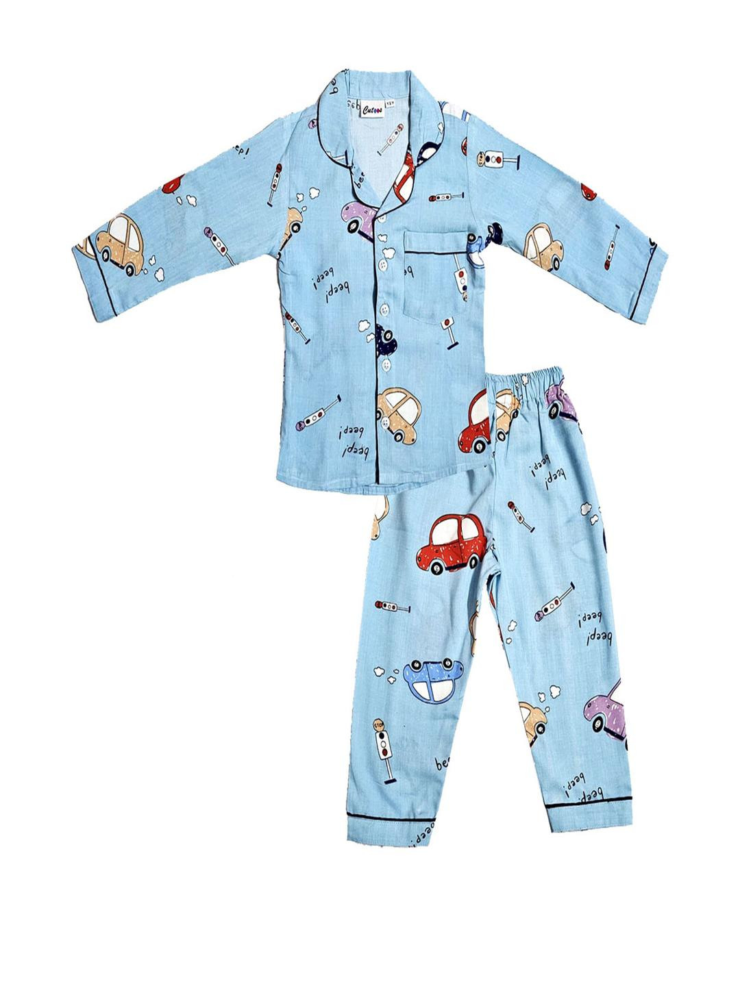 Cutoos Kids Blue Cars Print Viscose Rayon Full Sleeves Night Suit