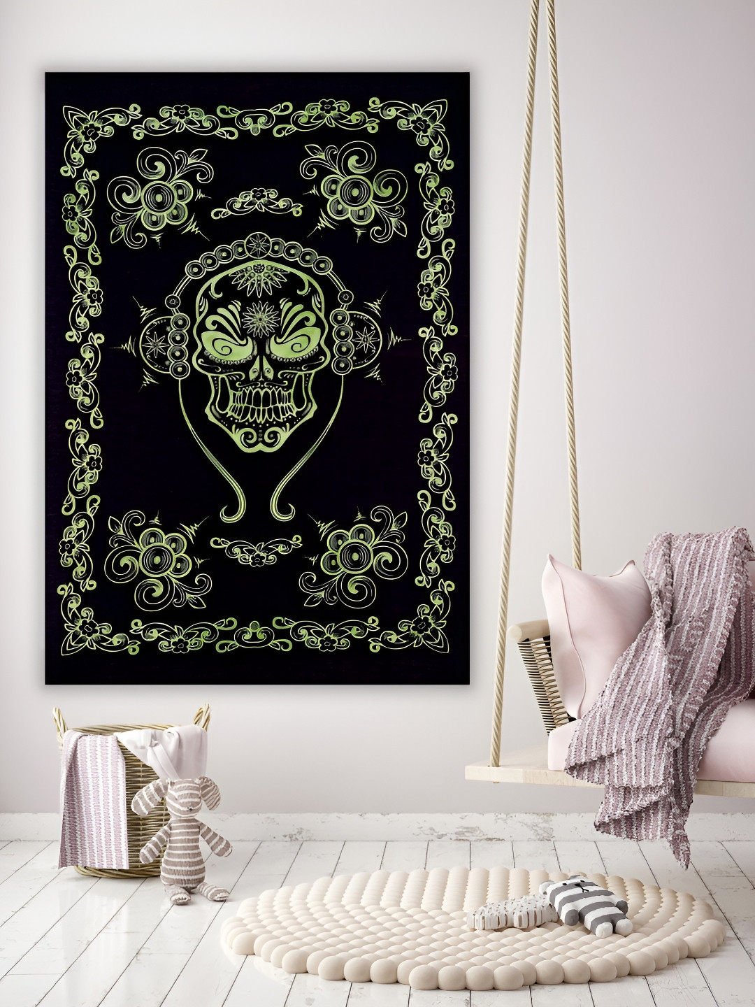 HANDICRAFT PALACE Green & Black Music Skull Printed Pure Cotton Wall Hanging Tapestry