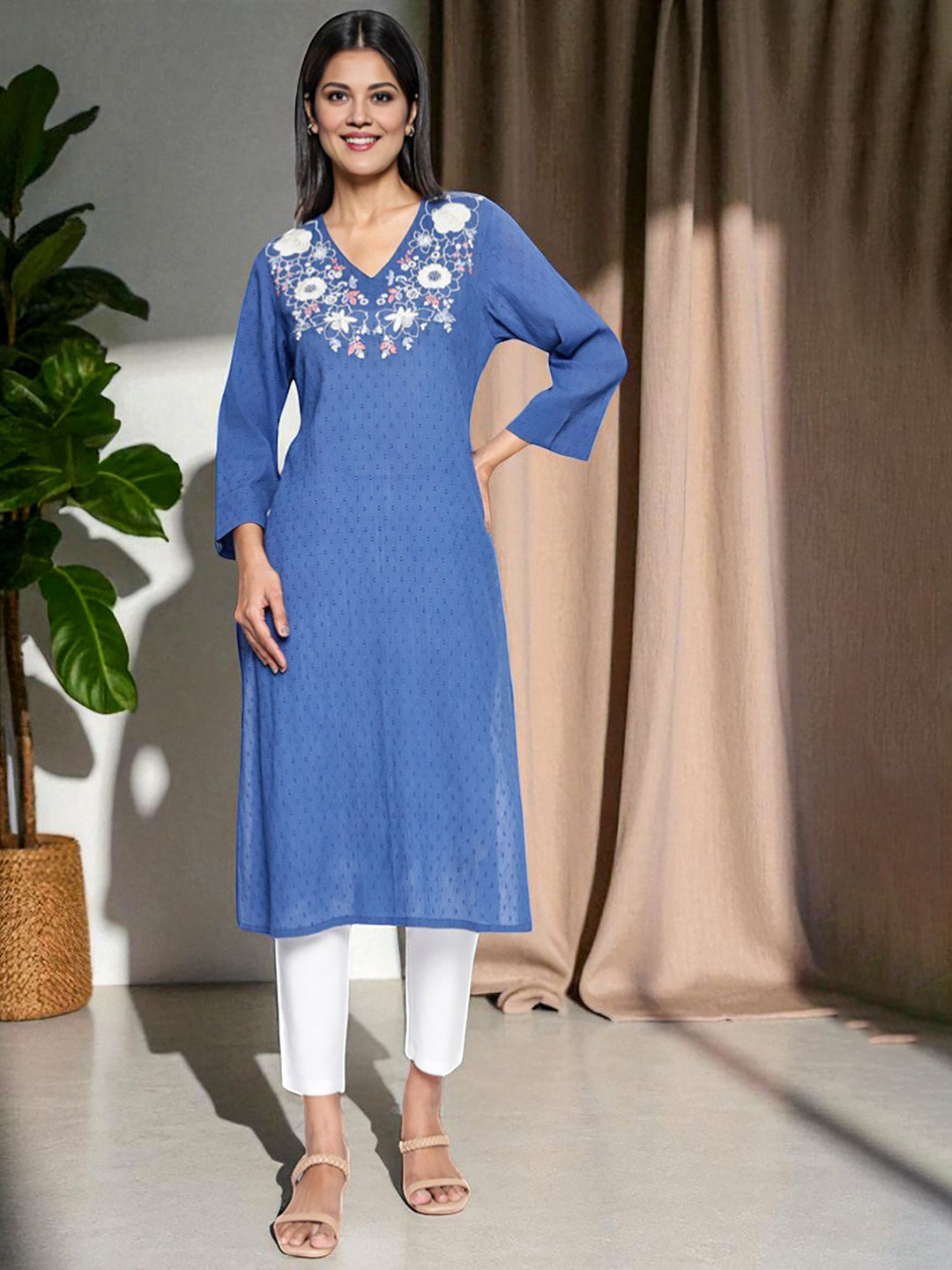W Floral Printed V-Neck Straight Pure Cotton Kurta