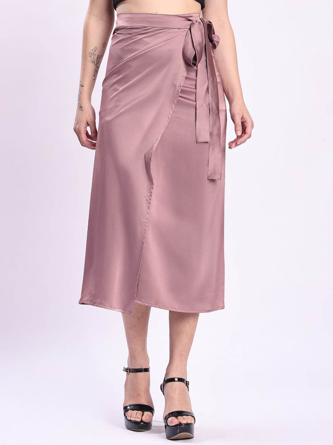 Bene Kleed Women Solid Satin Wrap Around Maxi Skirt