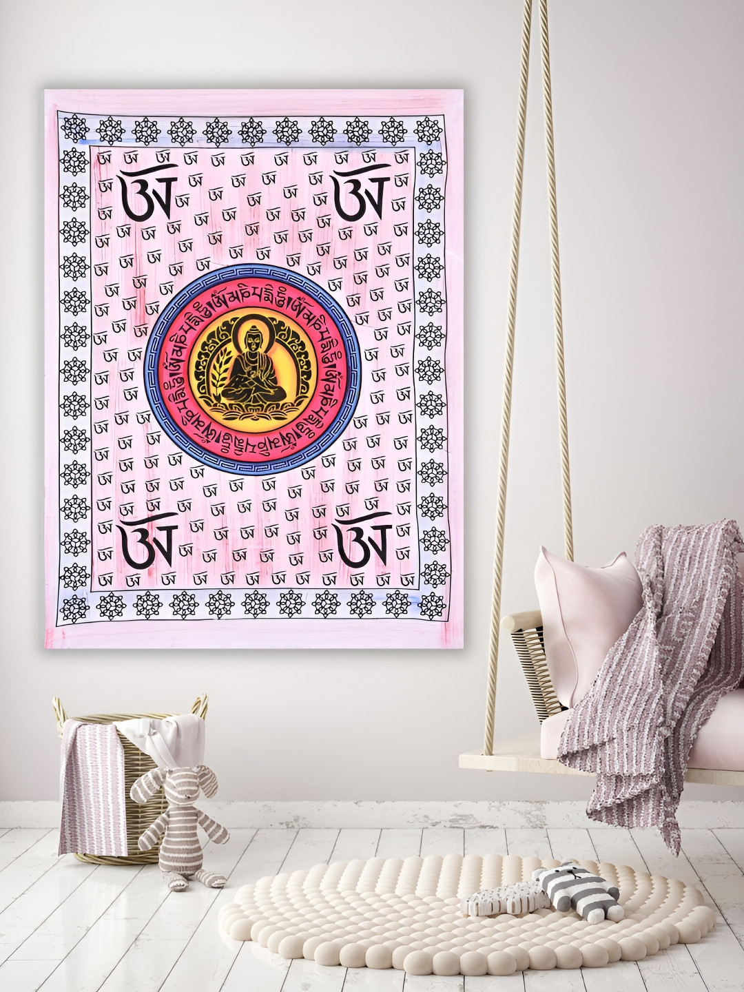 HANDICRAFT PALACE White & Pink Buddha Printed Pure Cotton Wall Hanging Tapestry