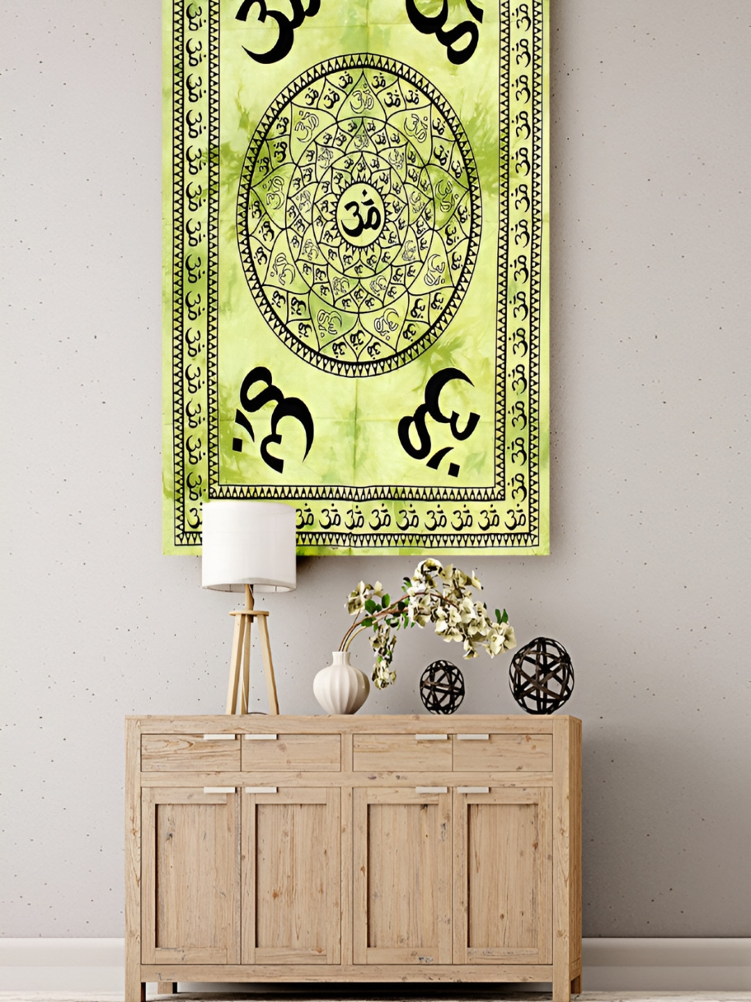HANDICRAFT PALACE Green & Black Om Mandala Printed Pure Cotton Wall Hanging Tapestry