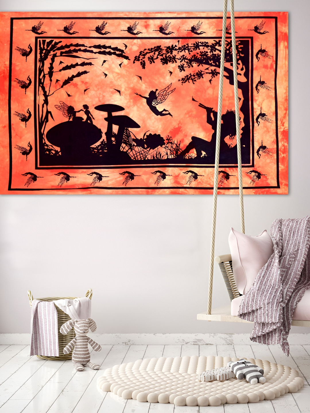 HANDICRAFT PALACE Orange-Coloured Fairy Land Printed Pure Cotton Wall HangingTapestry