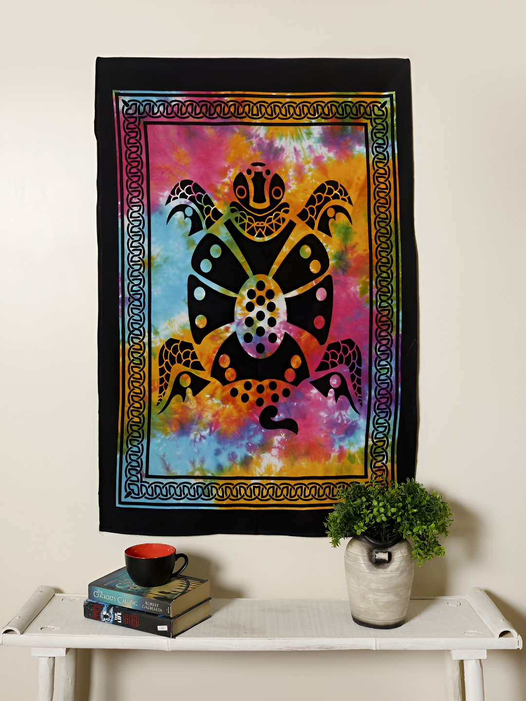 HANDICRAFT PALACE Black & Pink Turtle Printed Pure Cotton Wall HangingTapestry