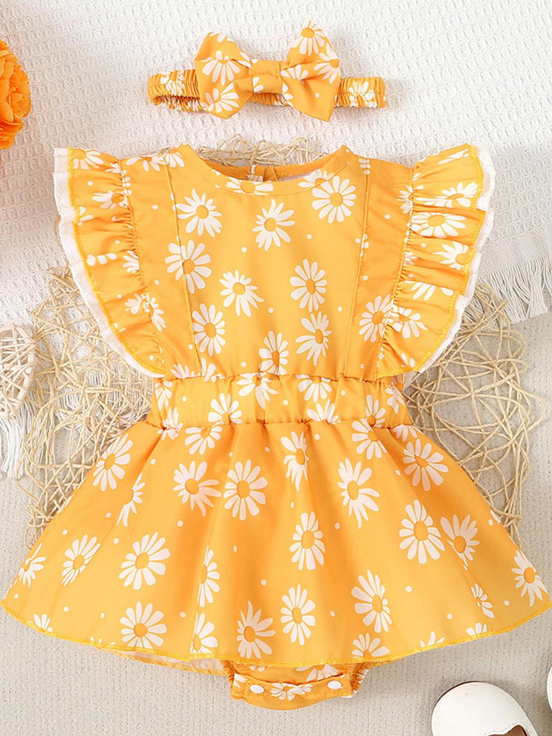 Hopscotch Girls Floral Printed Onesie with Headband