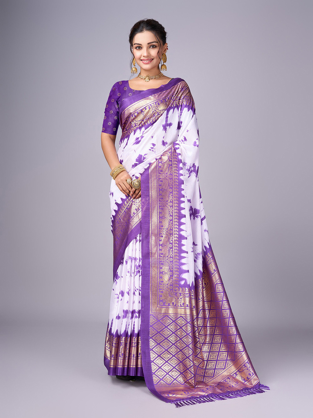 GHAN SALS Tie and Dye Zari Art Silk Chanderi Saree With Blouse Piece