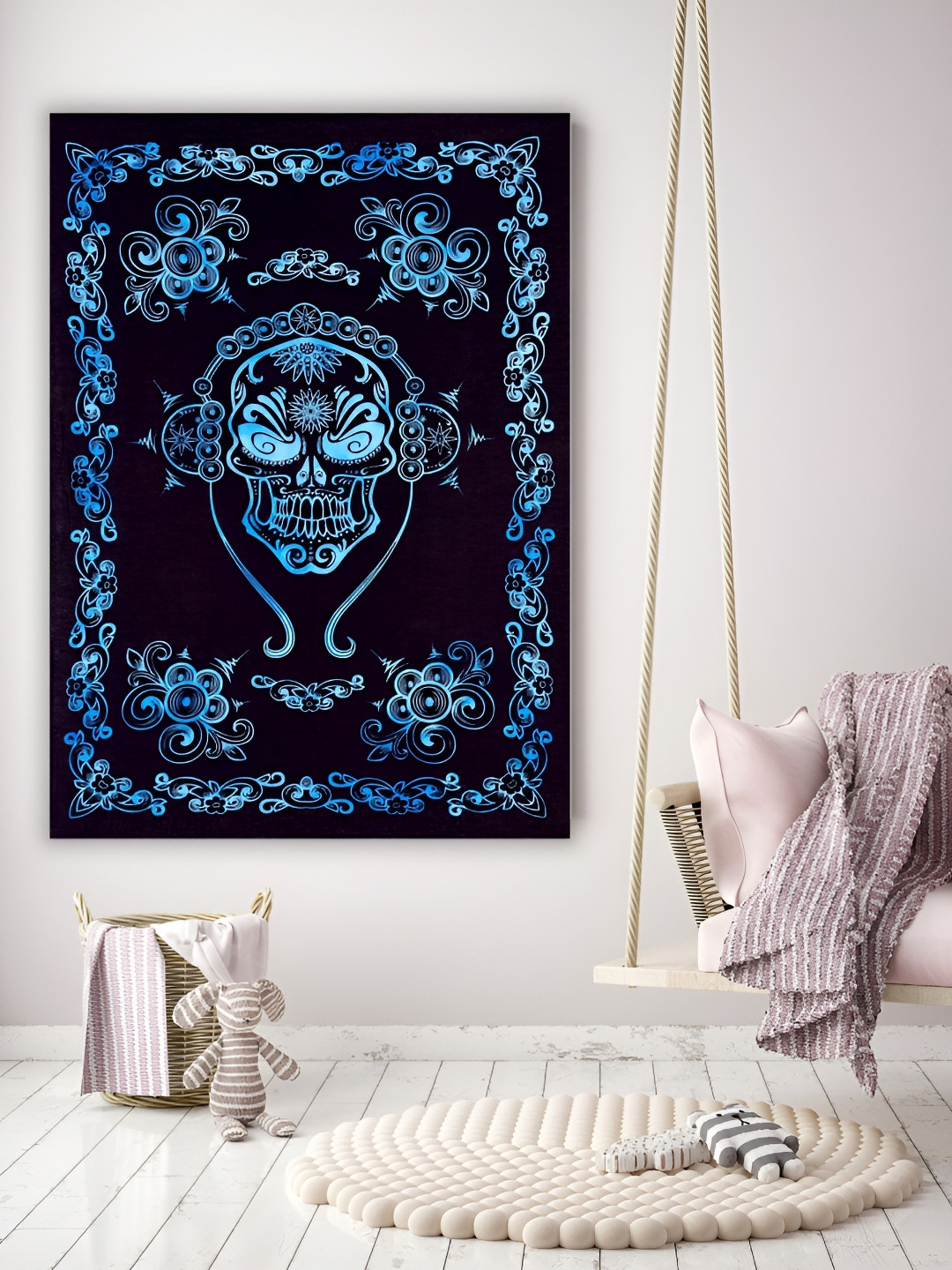 HANDICRAFT PALACE Blue & Black Music Skull Printed Pure Cotton Wall Hanging Tapestry