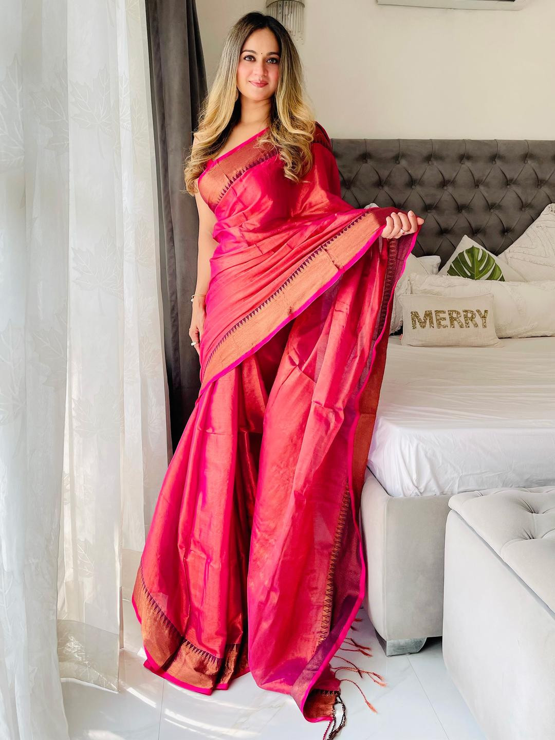 Anouk Pink Woven Design Tissue Sarees
