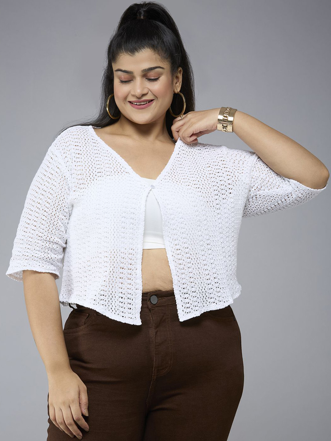 Style Quotient Women Plus Size Cotton Self Design Shrug