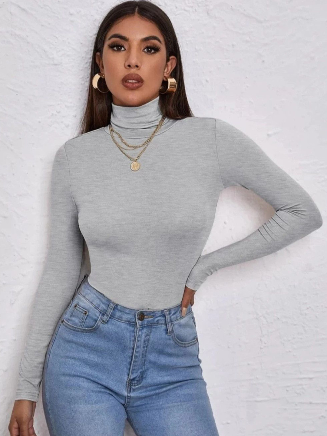 Western Darji Women High Neck Long Sleeves Cotton Fitted Top