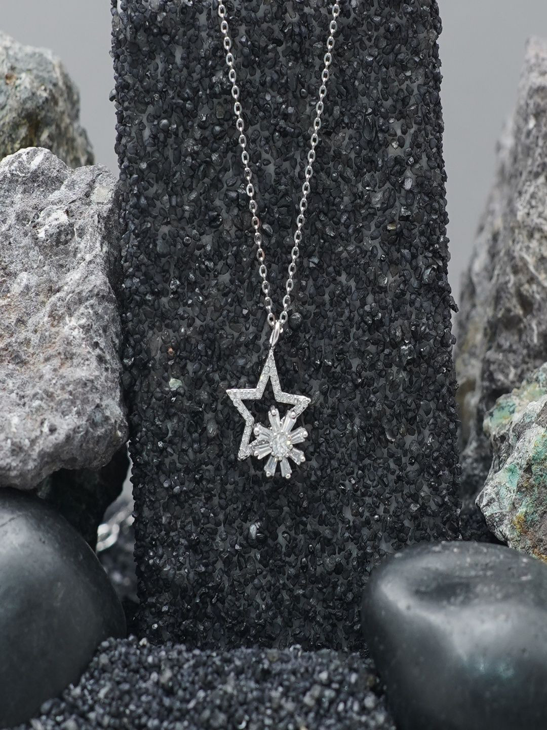 TASSYA Silver-Plated Artificial Stones Studded Starry Sparkle Shaped Pendant With Chain