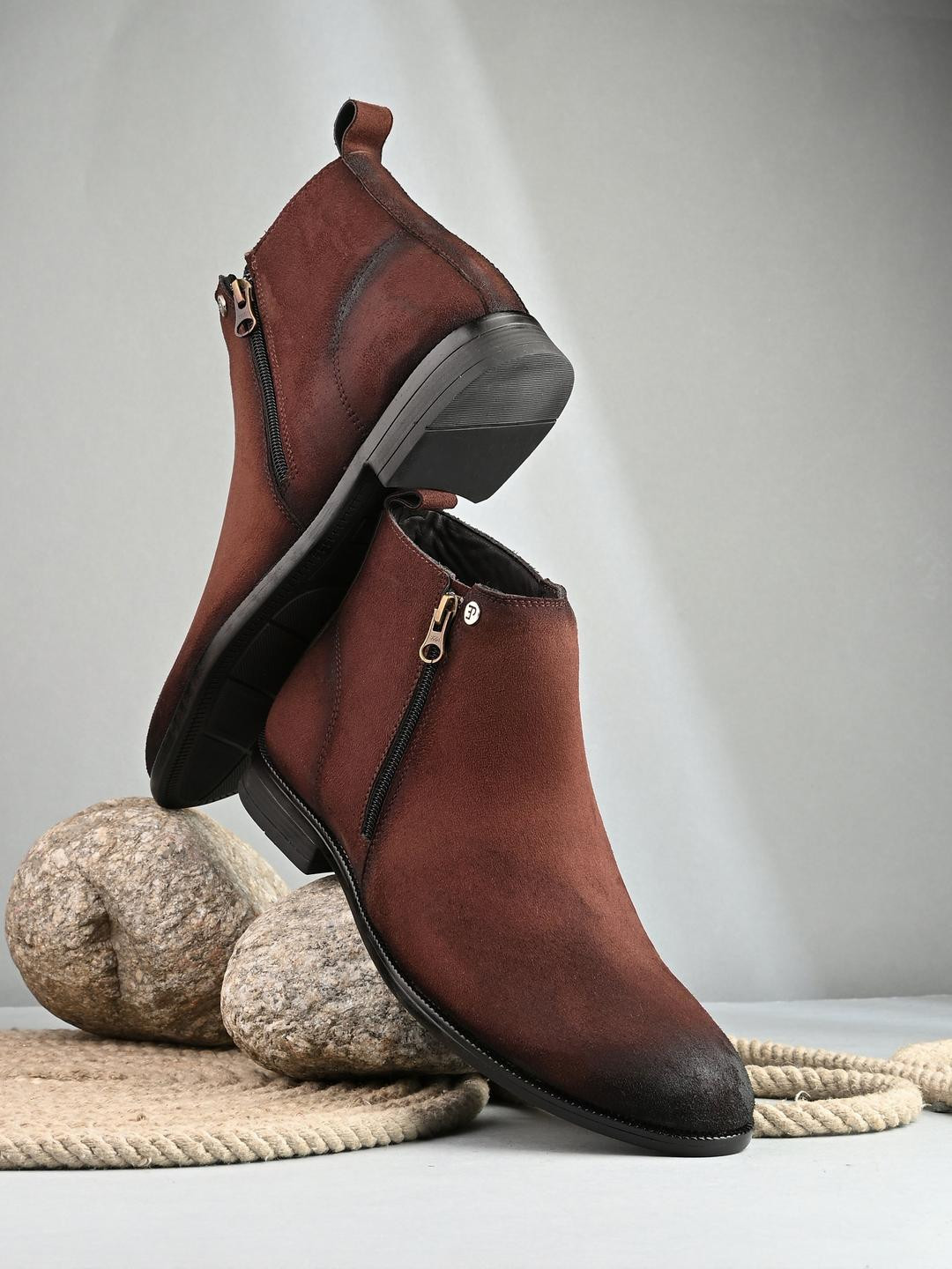 El Paso Brown Suede Ankle Chelsea Boots with Zip Closure