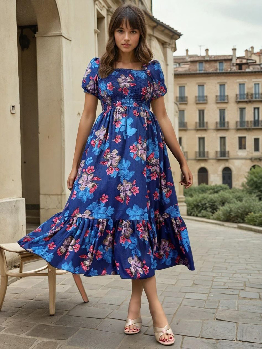 Pinly Women Floral Printed Square Neck Tiered Pleated Detail Fit & Flare Midi Dress