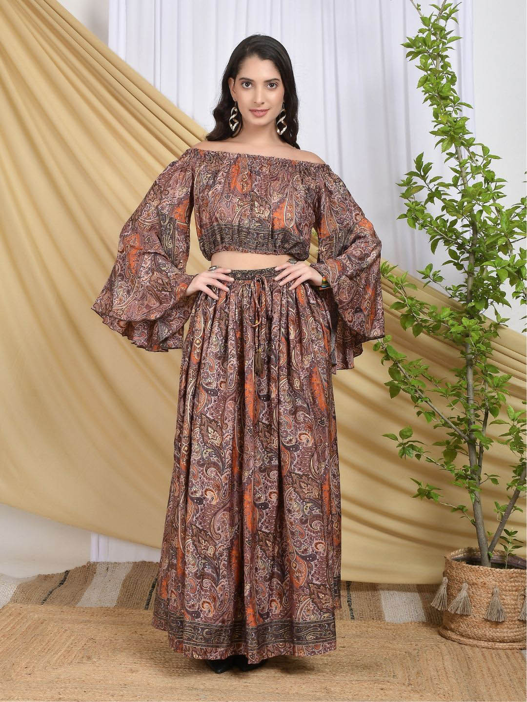 Boholyfe Siena Printed Off Shoulder Top With Skirt Co-Ords