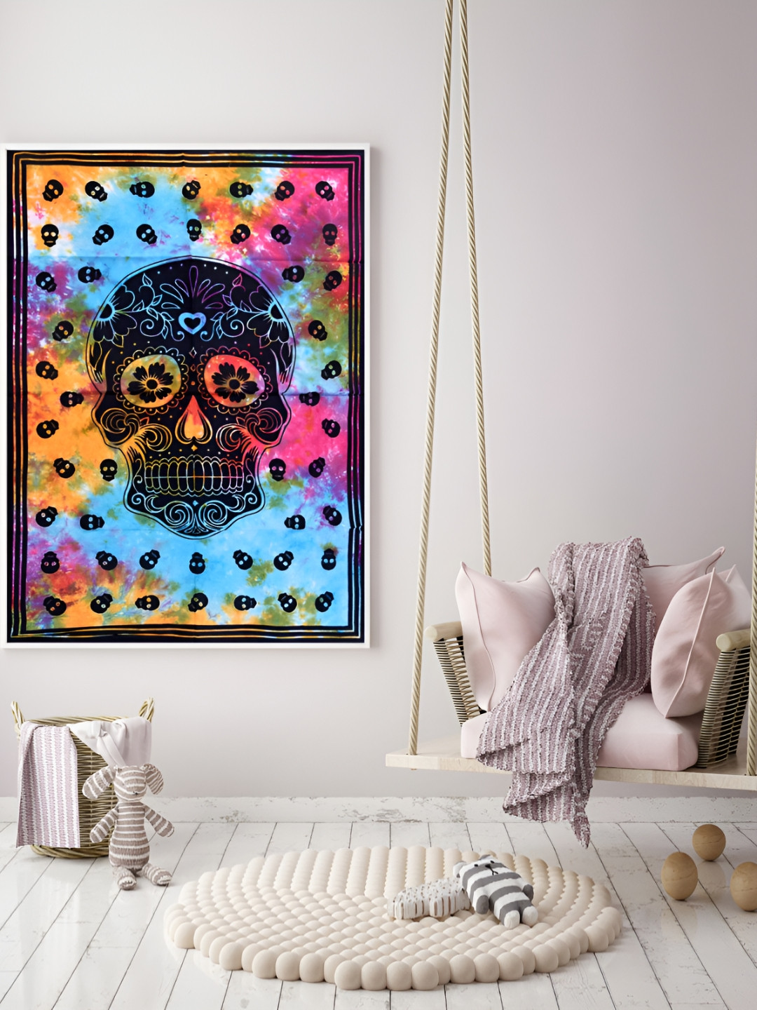 HANDICRAFT PALACE Blue & Black Skull Tie & Dye Printed Pure Cotton Wall Hanging Tapestry