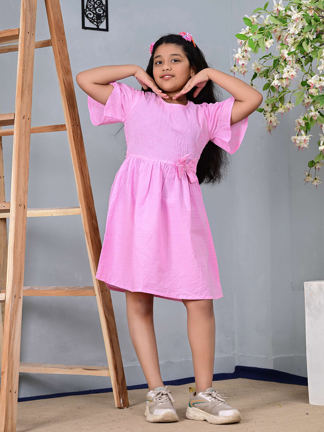 Cloth Bites Girls Solid Bell Sleeve Bow Detail Cotton Fit and Flare Dress