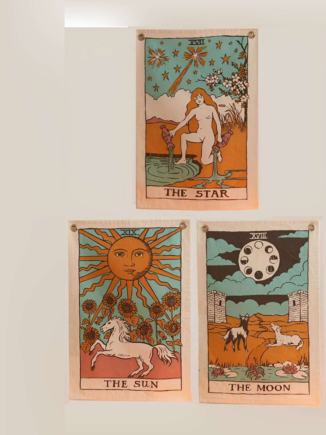 HANDICRAFT PALACE Beige & Blue 3 Pieces Tarot Flag Printed Cotton Wall Hanging Tapestry