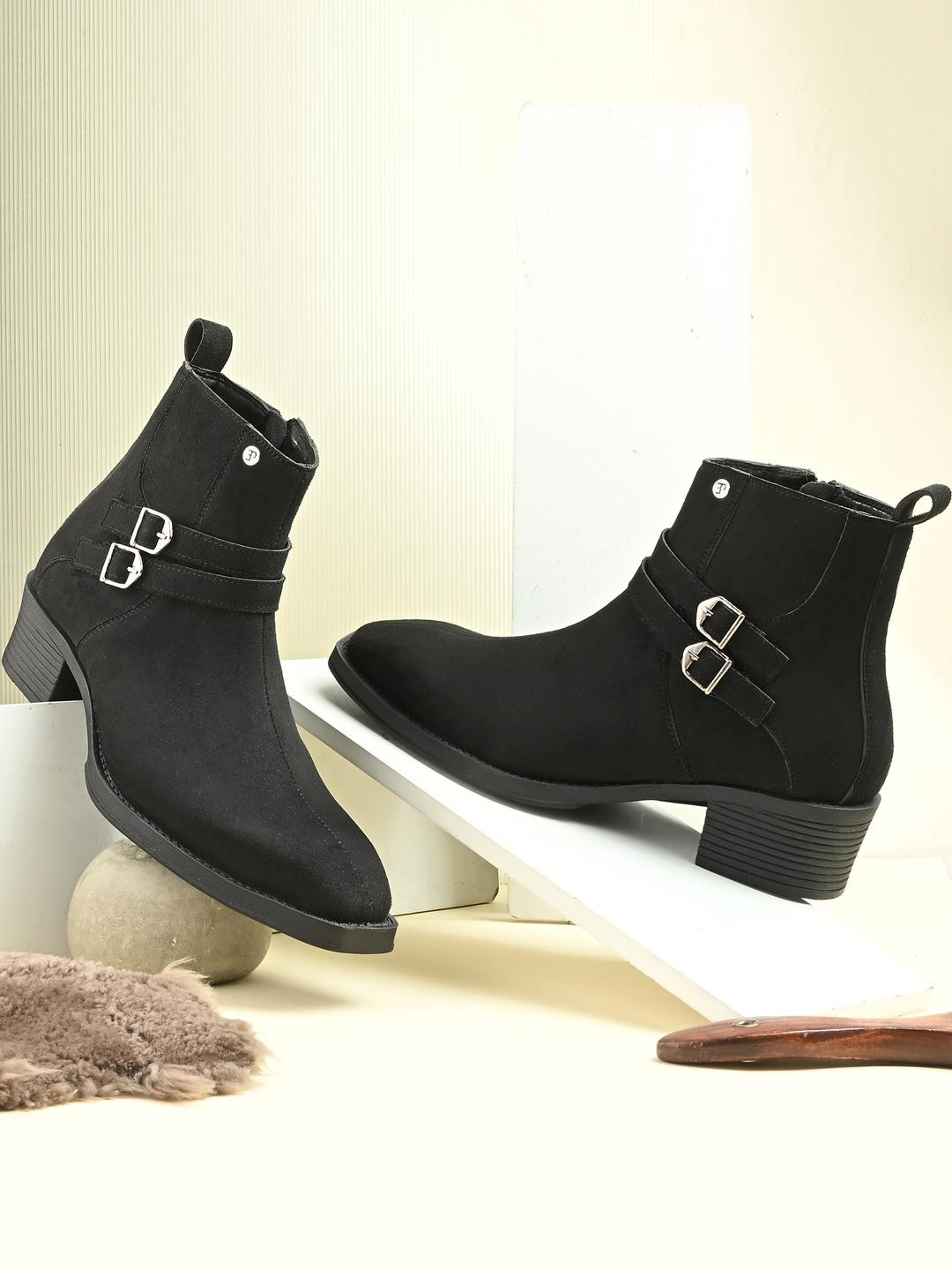 El Paso Men Black Ankle Dual Buckle Solid Chelsea Boots