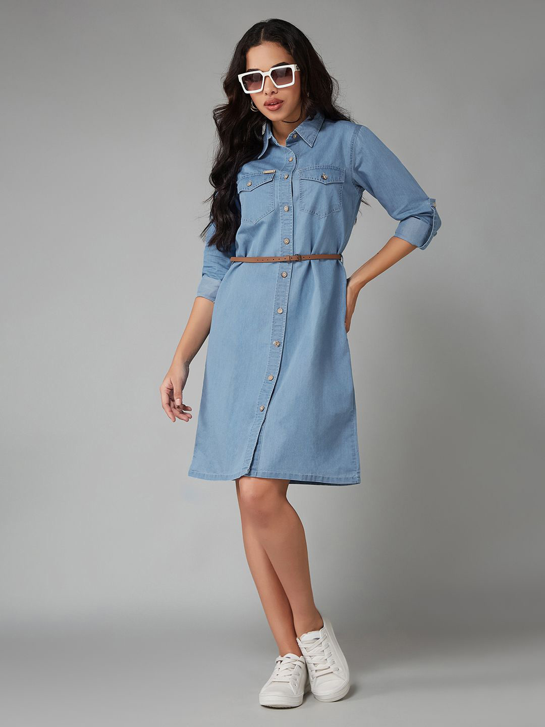 DOLCE CRUDO Women Polo Neck Rolled Up Full Sleeve Denim Solid Buttoned A-Line Mini Dress