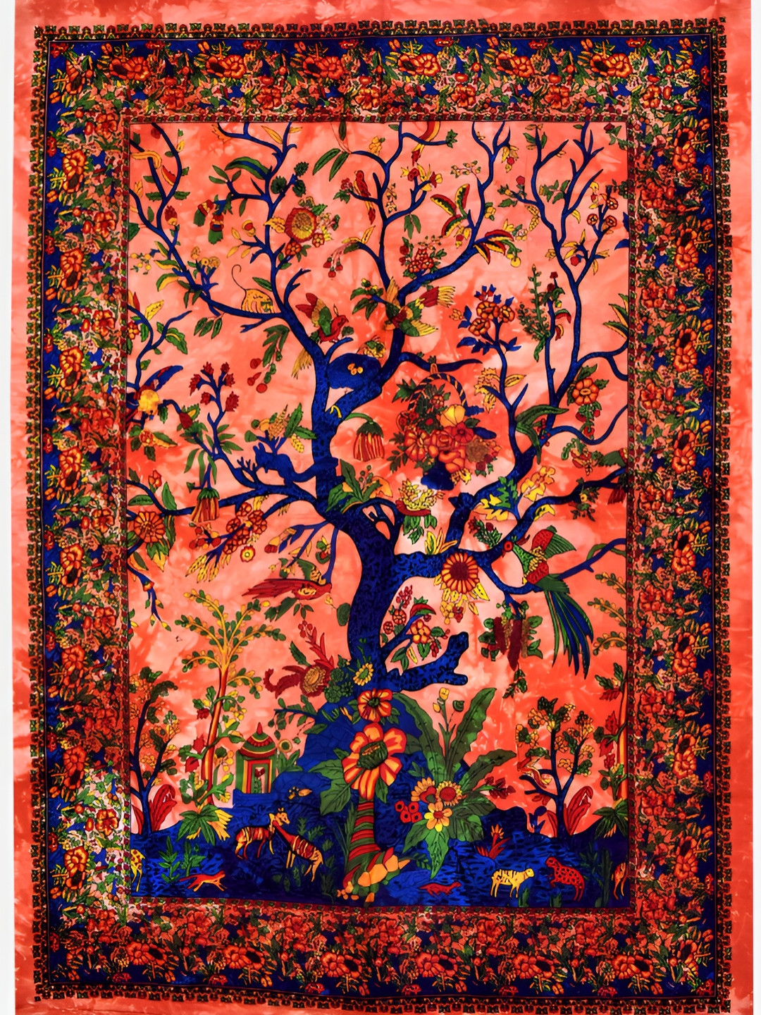 HANDICRAFT PALACE Red & Blue Tree of Life Printed Pure Cotton Wall Hanging Tapestry