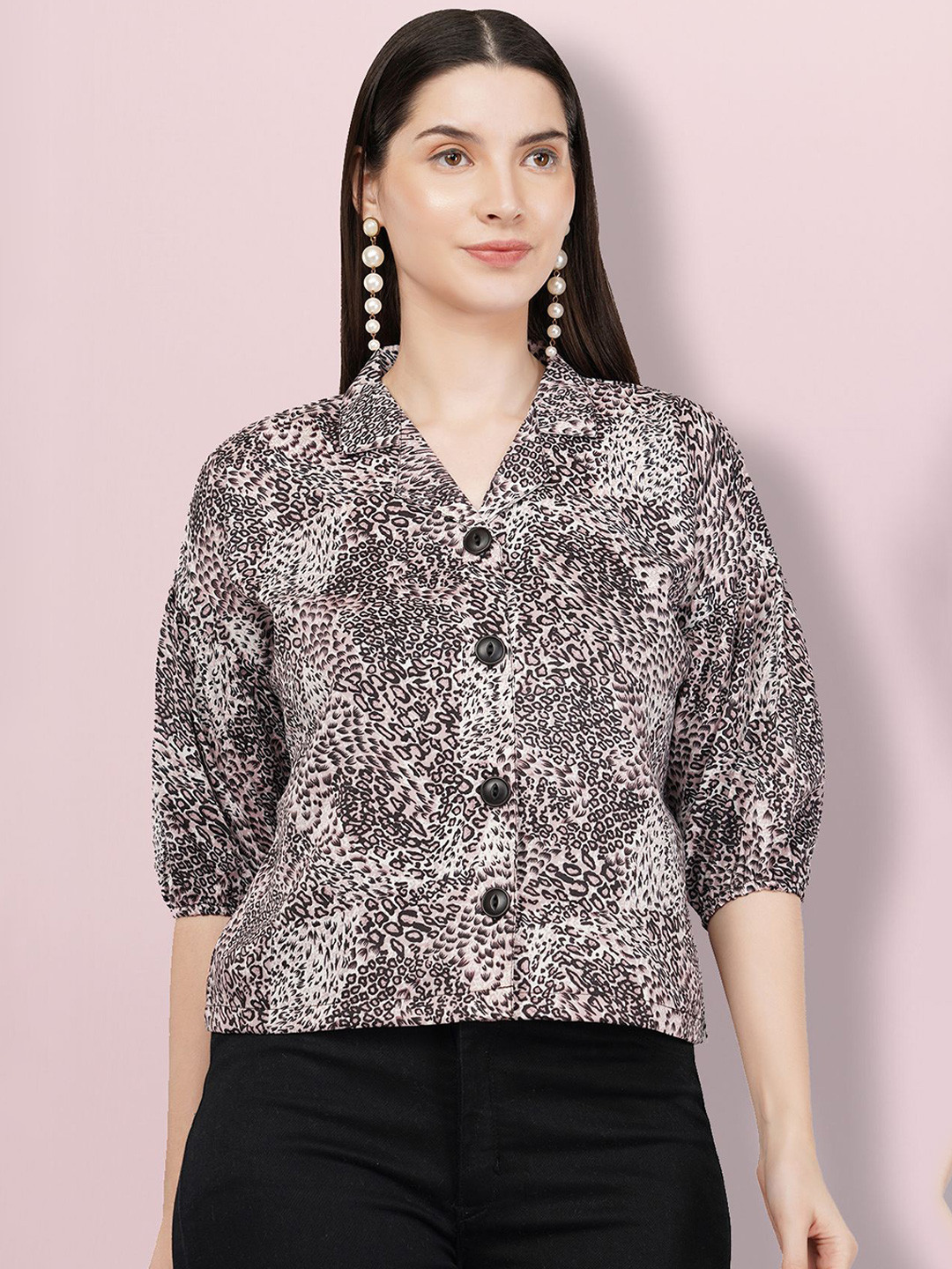 Glitter fashion Women Standard Fit Animal Printed Cuban Collar Casual Shirt