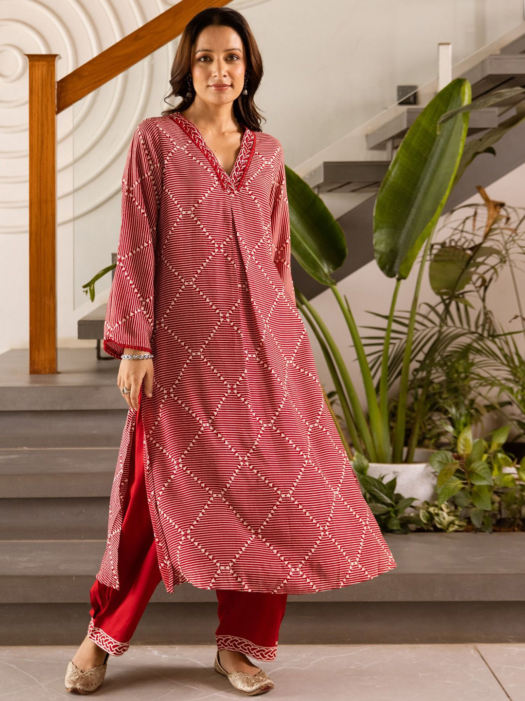AUTUMN LANE Kabool Cardinal Geometric Printed V-Neck Pure Cotton Kurta With Palazzos