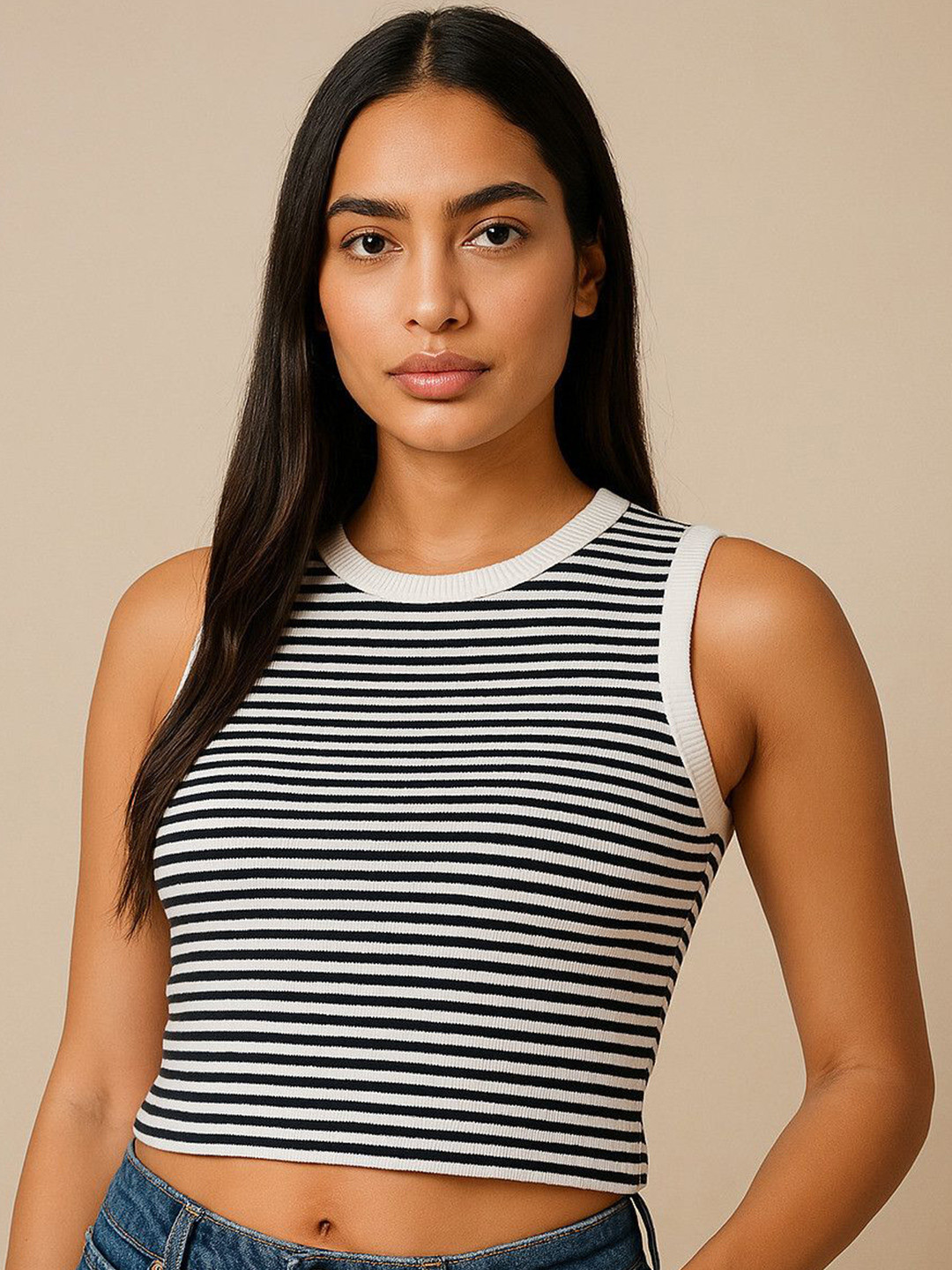 Western Darji Women Horizontal Stripes Striped Sleeveless Tank Crop Top