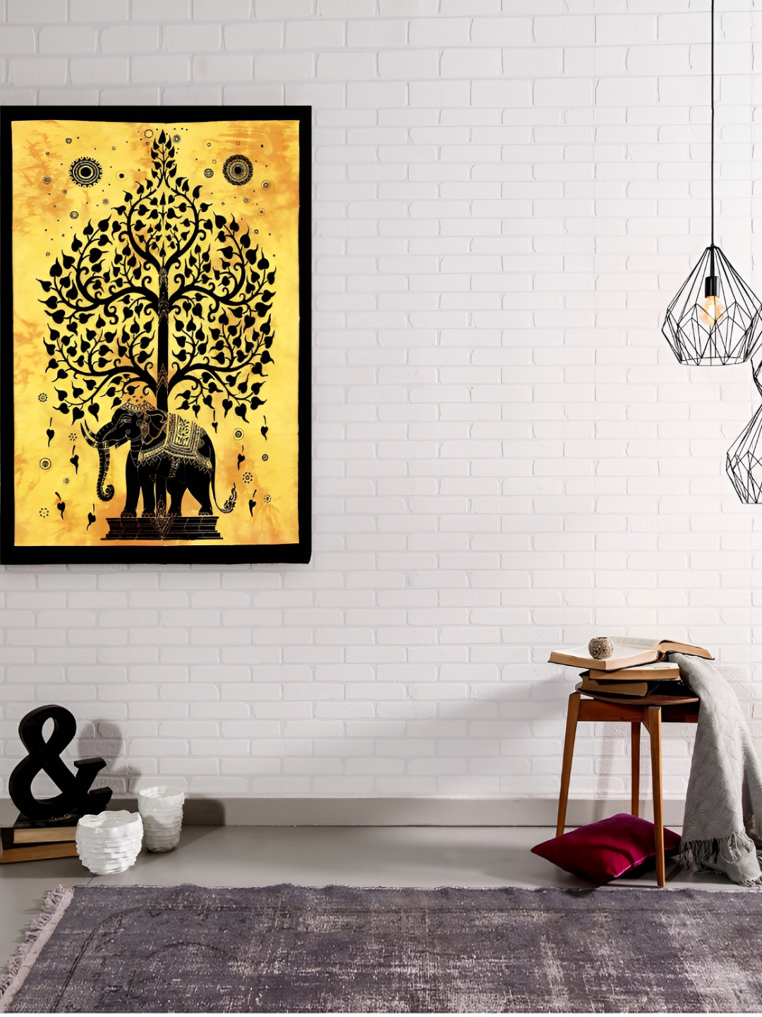 HANDICRAFT PALACE Yellow & Black Elephant Printed Pure Cotton Wall Hanging Tapestry