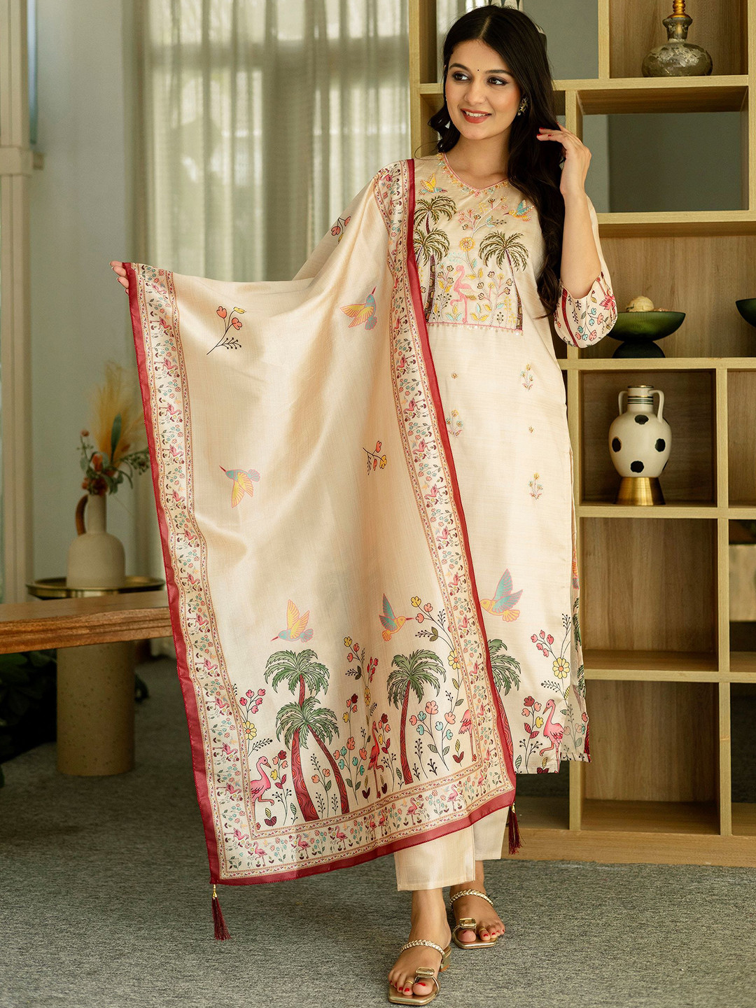 Brand Hill Floral Printed V-Neck Sequinned Straight Kurta With Trousers & Dupatta