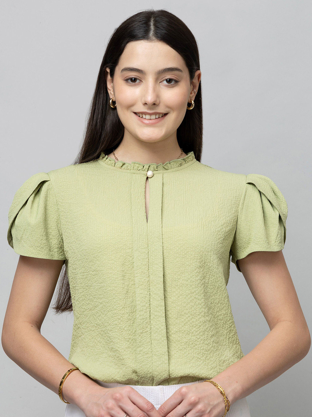 PURYS WORKSPACE Women Keyhole Neck Puff Sleeves Blouson Top