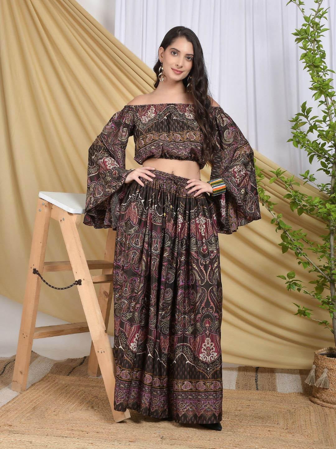 Boholyfe Mirella Twilight Printed Off Shoulder Top With Skirt Co-Ords