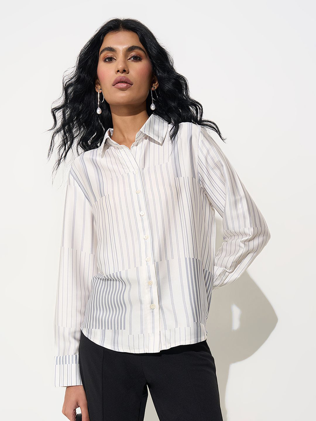 Annabelle by Pantaloons Women Striped Shirt Collar Satin Shirt Style Top