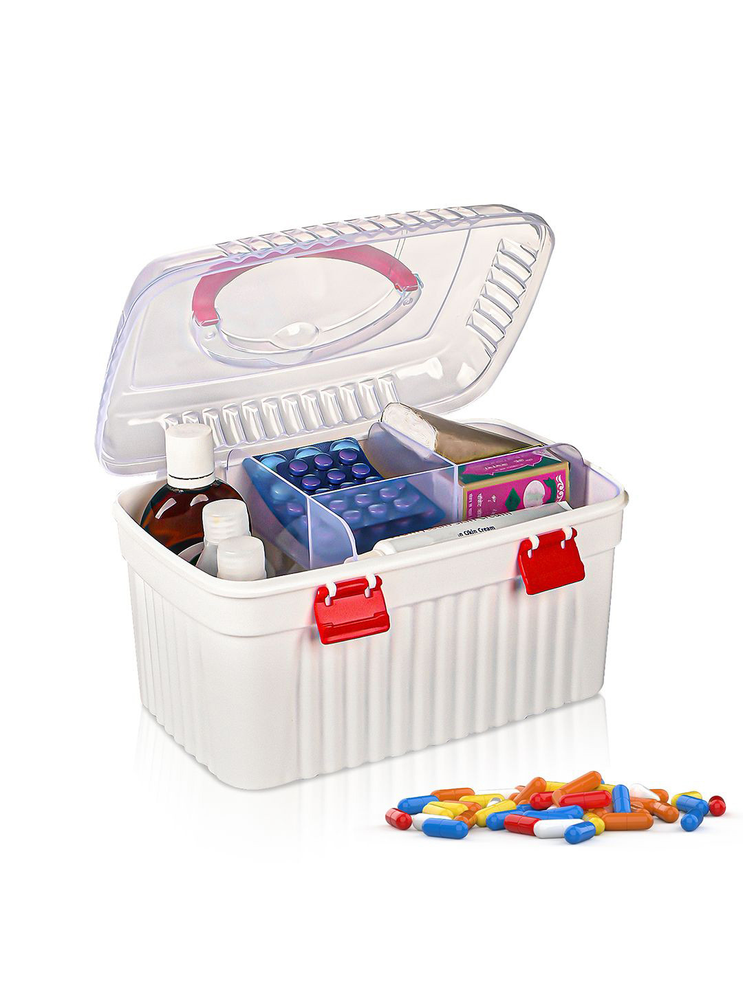 Kuber Industries Red & White Plastic Rectangular Medicine Box Home First Aid Kit