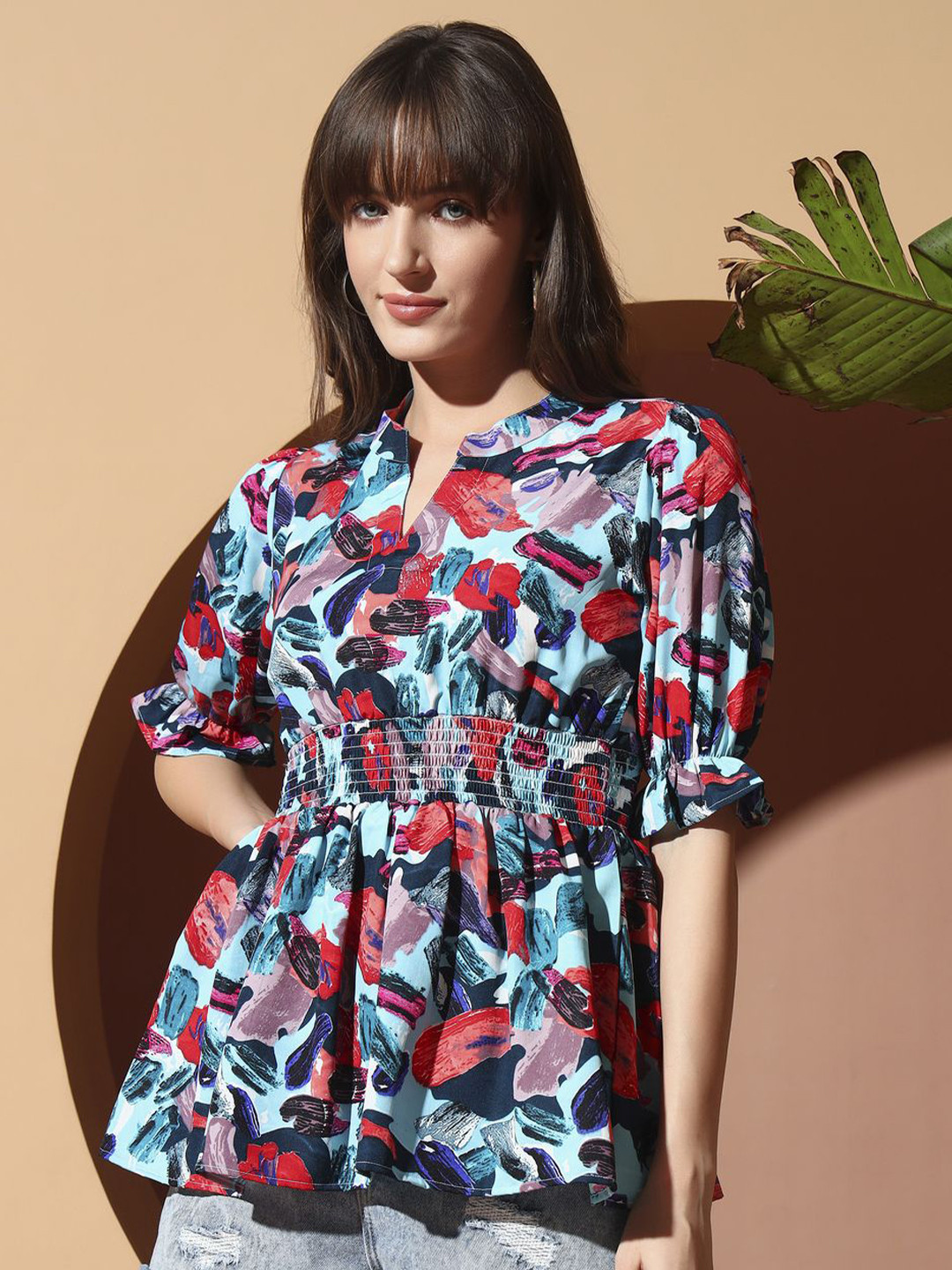 OTABU Women Abstract Printed Mandarin Collar Puff Sleeve Smocked Peplum Top