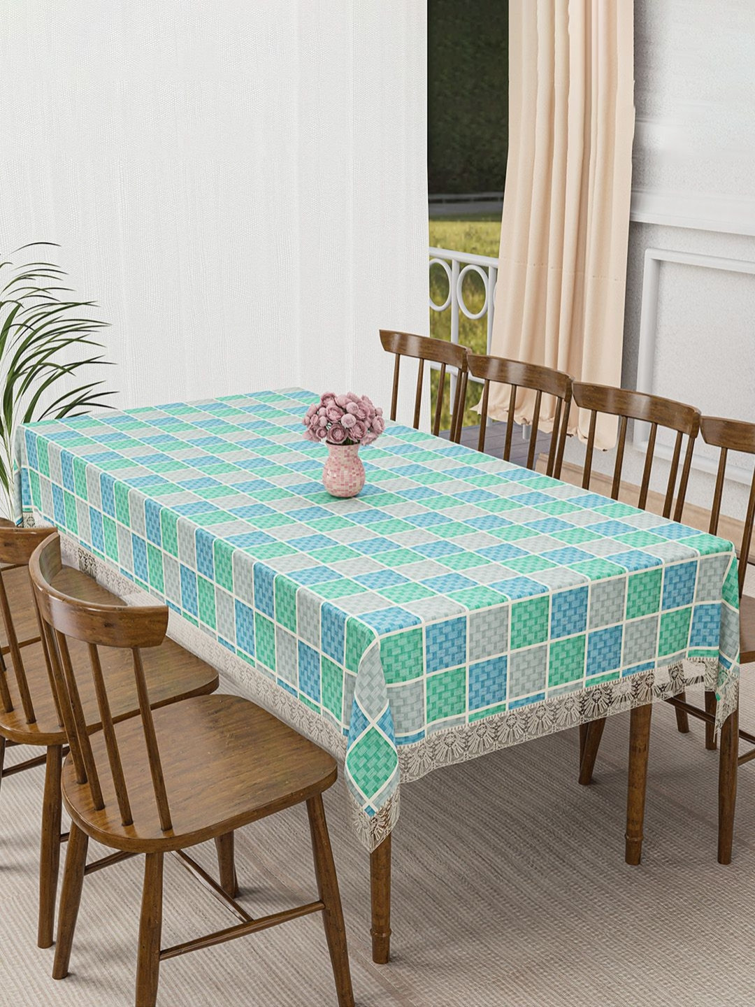 Aura Grey & Green Check Waterproof 6-Seater Table Cover