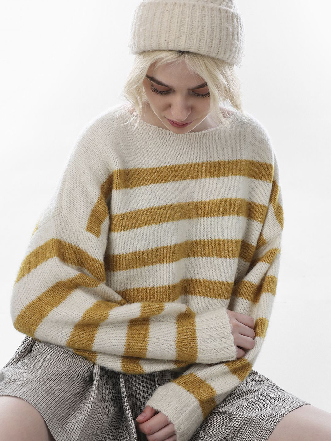 ONLY Women Striped Boat Neck Pullover with Fuzzy Detail