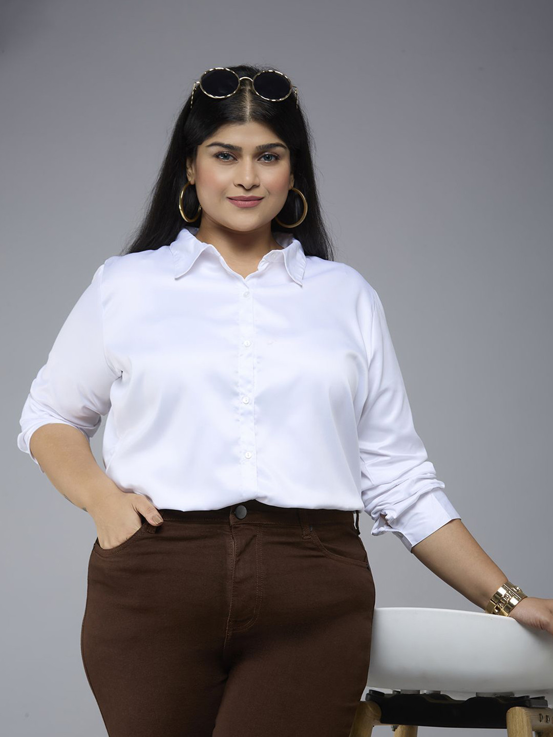 Style Quotient Women Plus Size Smart Fit Solid Spread Collar Satin Casual Shirt