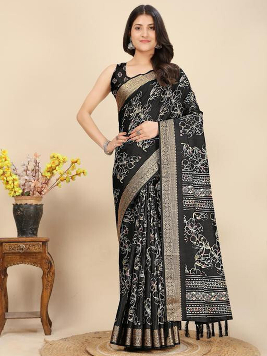 SSHAGUN LIFESTYLE Black Floral Printed Bollywood Cotton Silk Saree