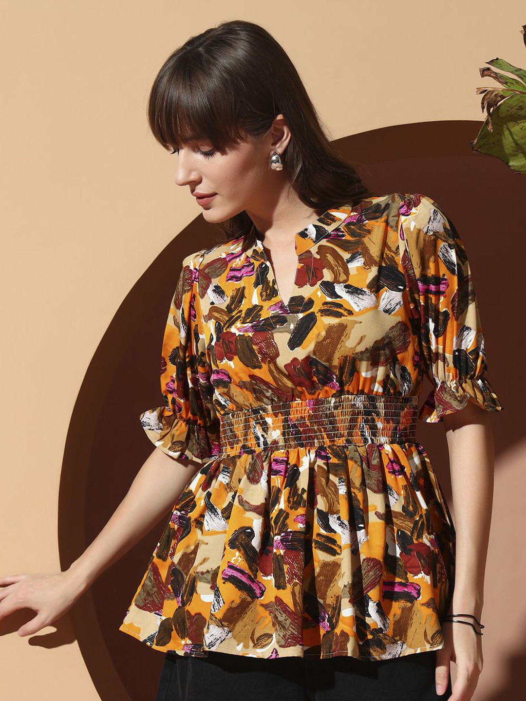 OTABU Women Abstract Printed Smocked Puff Sleeve Top